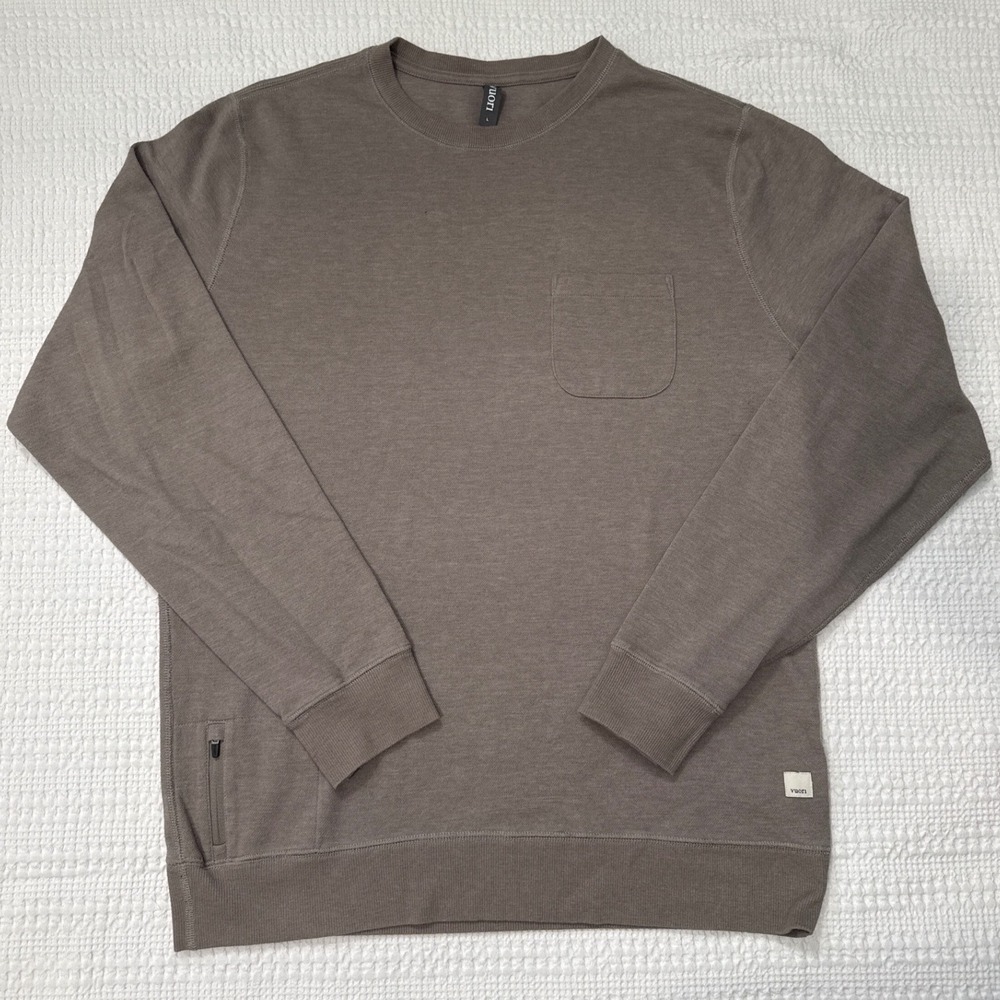 Vuori Mens Crewneck Sweatshirt Mushroom Brown Pocket Long Sleeve Size L